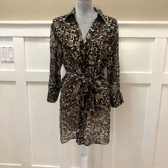 Chico's Dresses & Skirts - Chico’s 100% Silk Shirt Dress Size:1 (M) 3/4 Sleeves Belt Animal Print